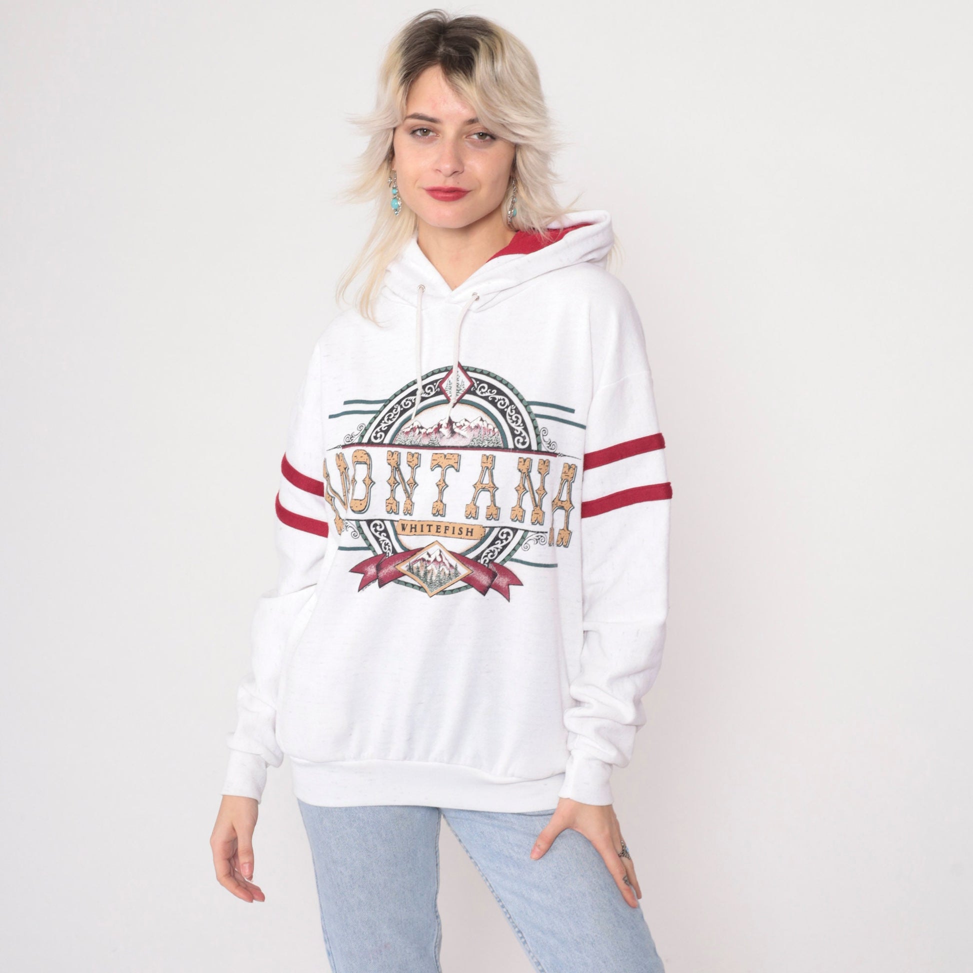 90s Whitefish Montana Hooded Sweatshirt White Graphic Pullover Medium