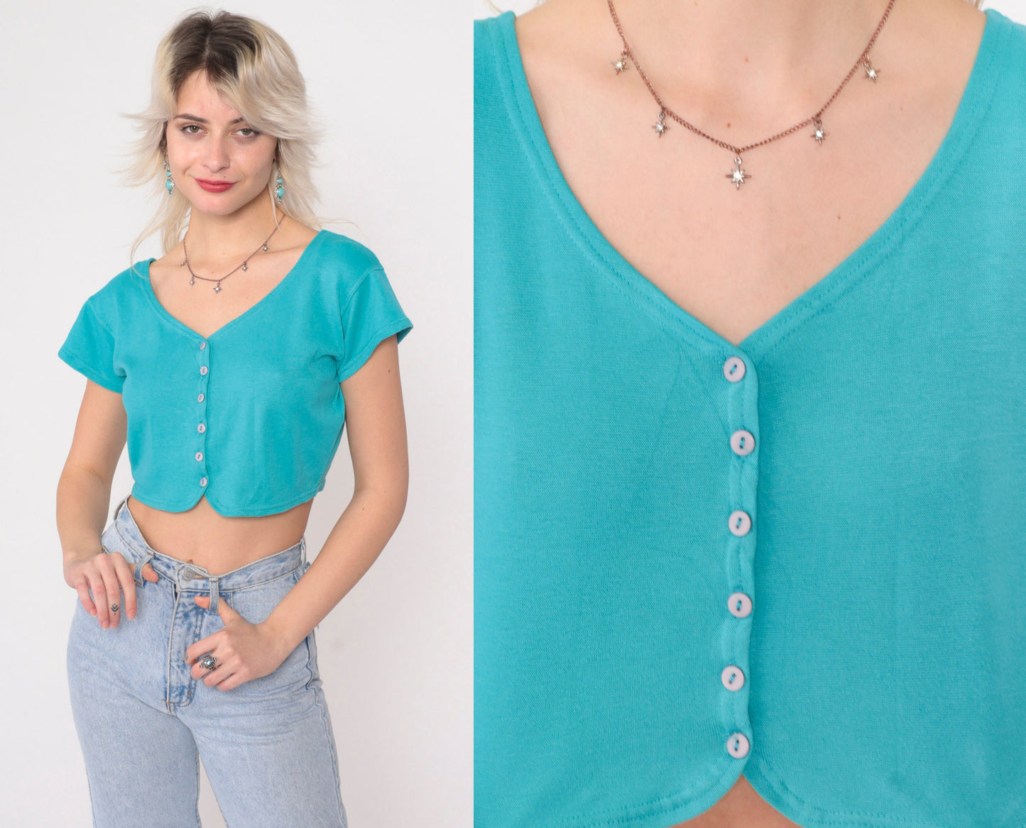 90s Turquoise Crop Top Button Up Blouse Short Sleeve Small Medium