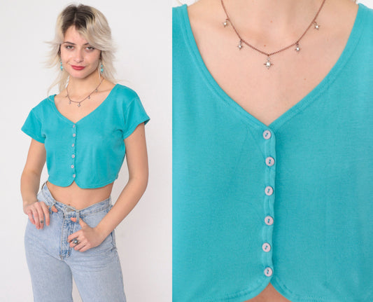 90s Turquoise Crop Top Button Up Blouse Short Sleeve Small Medium
