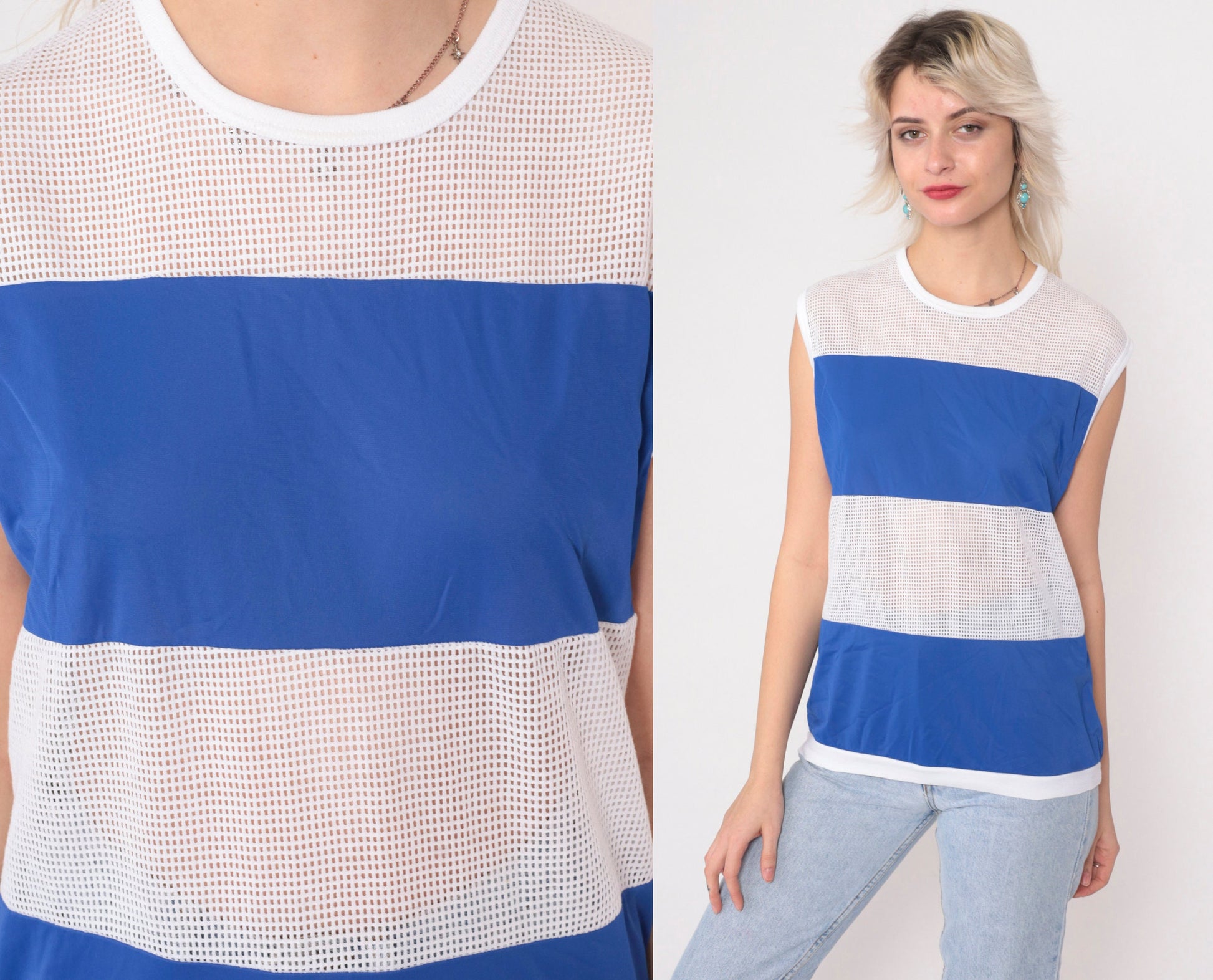 80s Indy Knit Mesh Tank Top Color Block Blue White Sleeveless Medium