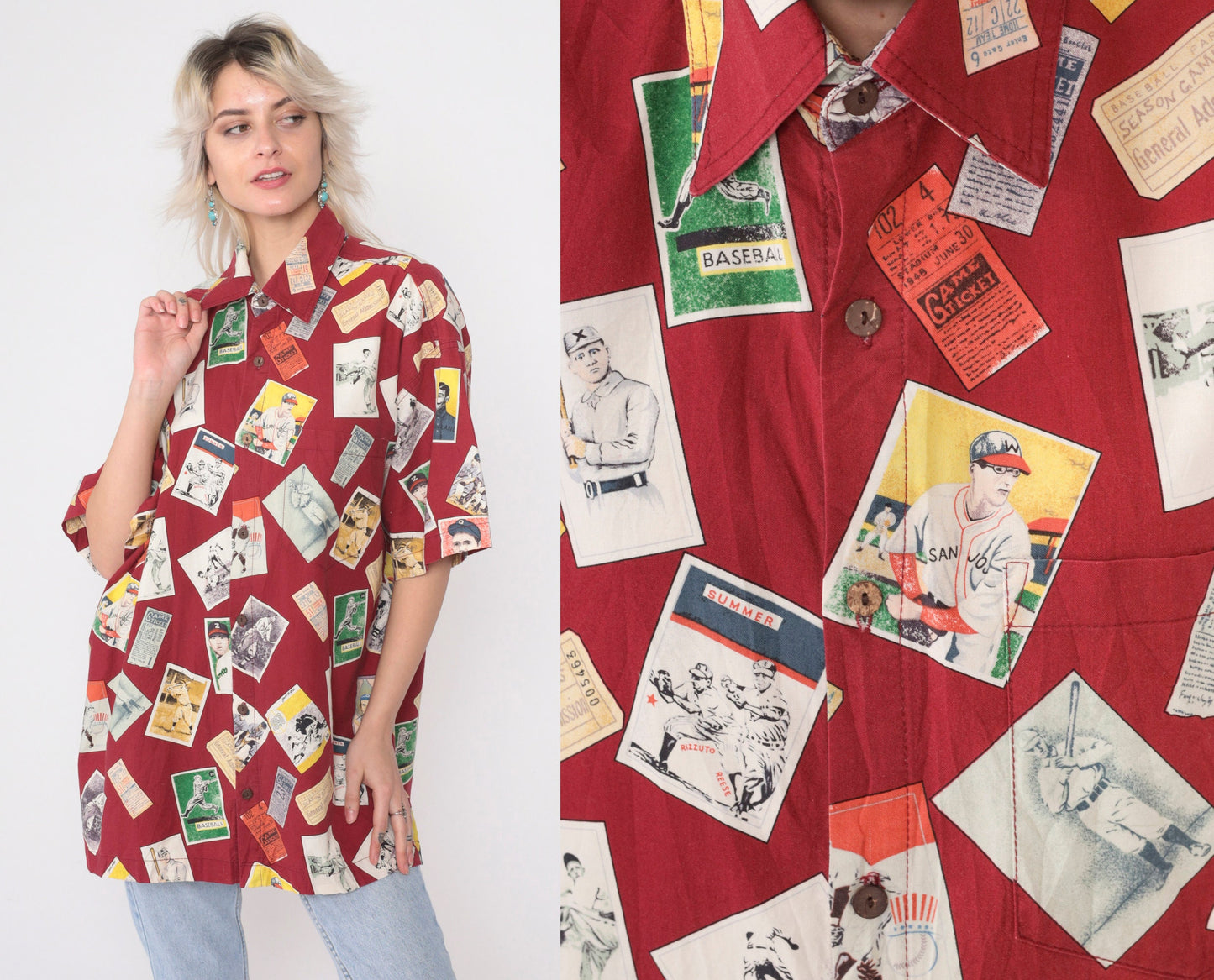 90s Baseball Card Print Button-Up Shirt Red Cotton Large