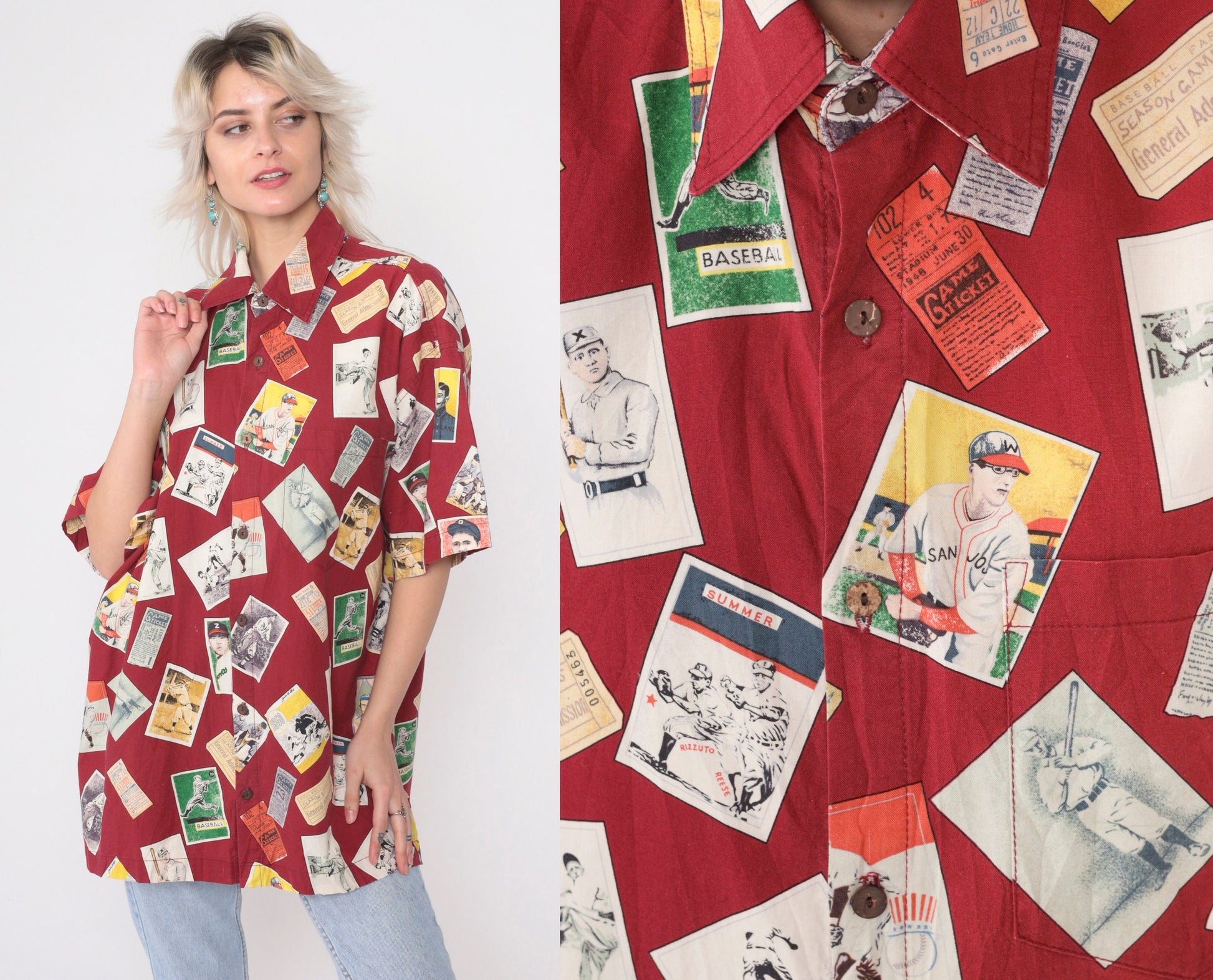 90s Baseball Card Print Button-Up Shirt Red Cotton Large