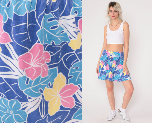 90s Tropical Floral Shorts High Waist Hibiscus Leaf Print Blue Pink Medium