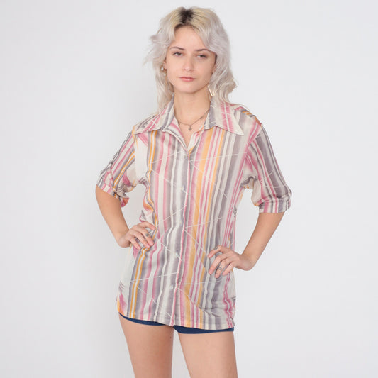 70s Abstract Striped Button-Up Blouse Short Sleeve Pointed Collar Disco Large