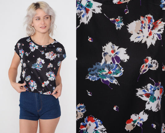 70s Black Floral Cap Sleeve Blouse Vintage Flower Print Top Medium