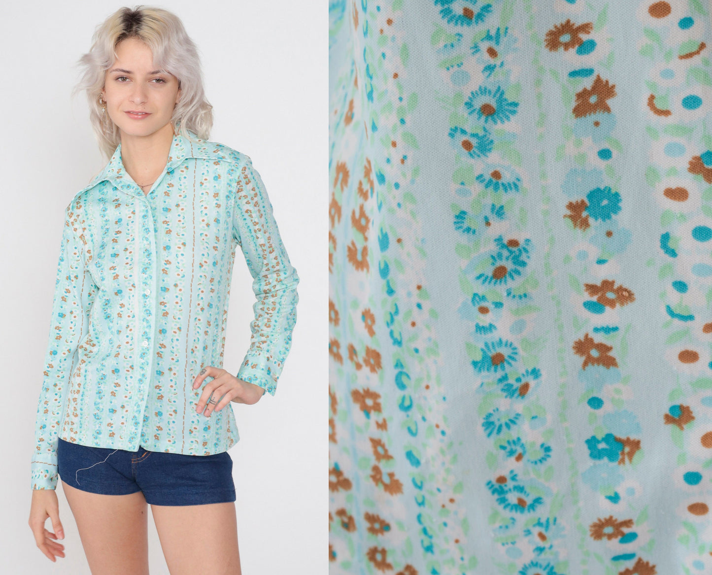 70s Blue Floral Striped Blouse Wing Collar Button Up Long Sleeve Medium
