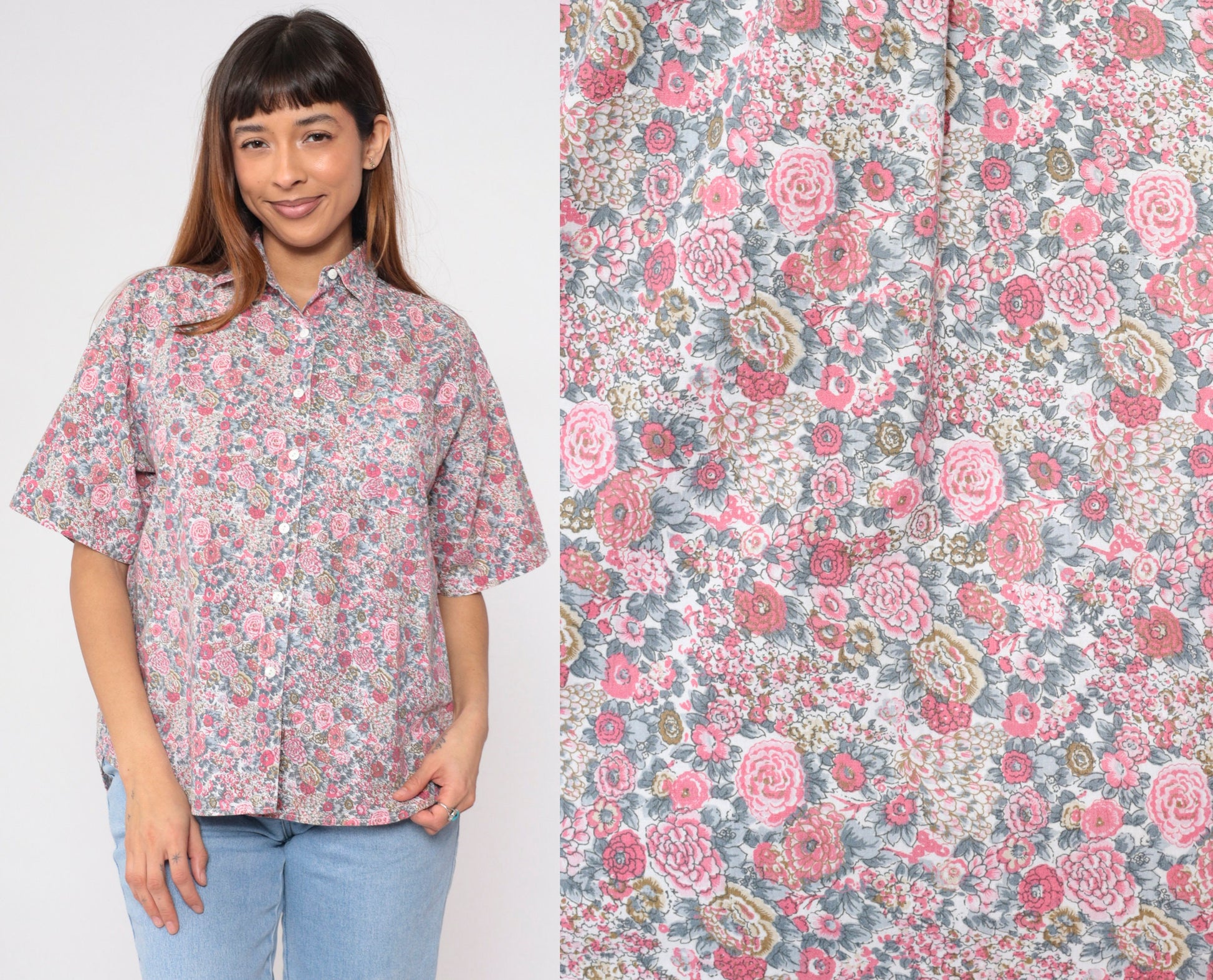90s Floral Button-Up Shirt Cotton Wildflower Print Short Sleeve Small
