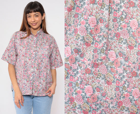 90s Floral Button-Up Shirt Cotton Wildflower Print Short Sleeve Small