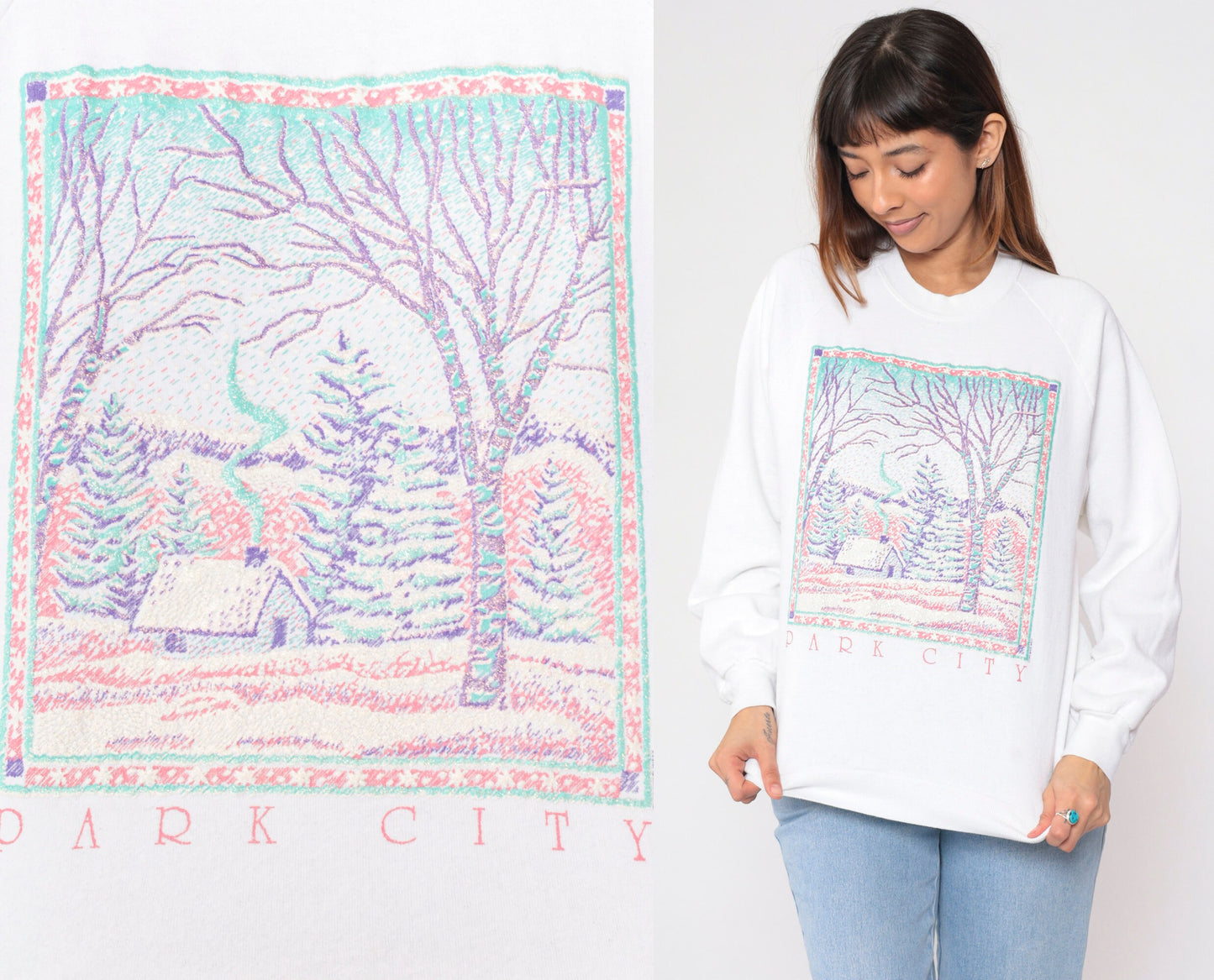 90s Park City Utah Glitter Winter Cabin Sweatshirt White Crewneck Large L