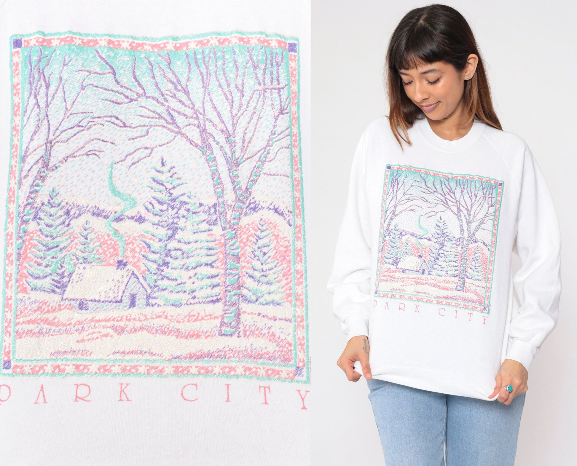 90s Park City Utah Glitter Winter Cabin Sweatshirt White Crewneck Large L