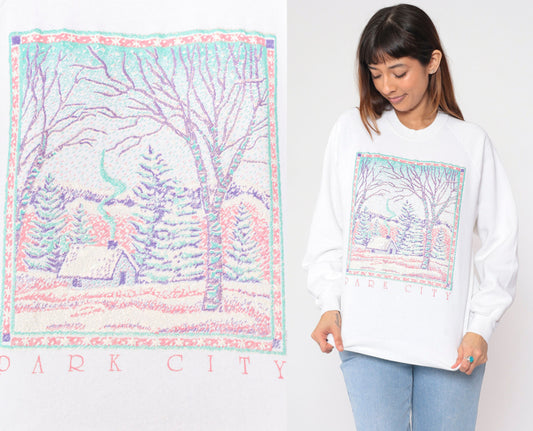 90s Park City Utah Glitter Winter Cabin Sweatshirt White Crewneck Large L