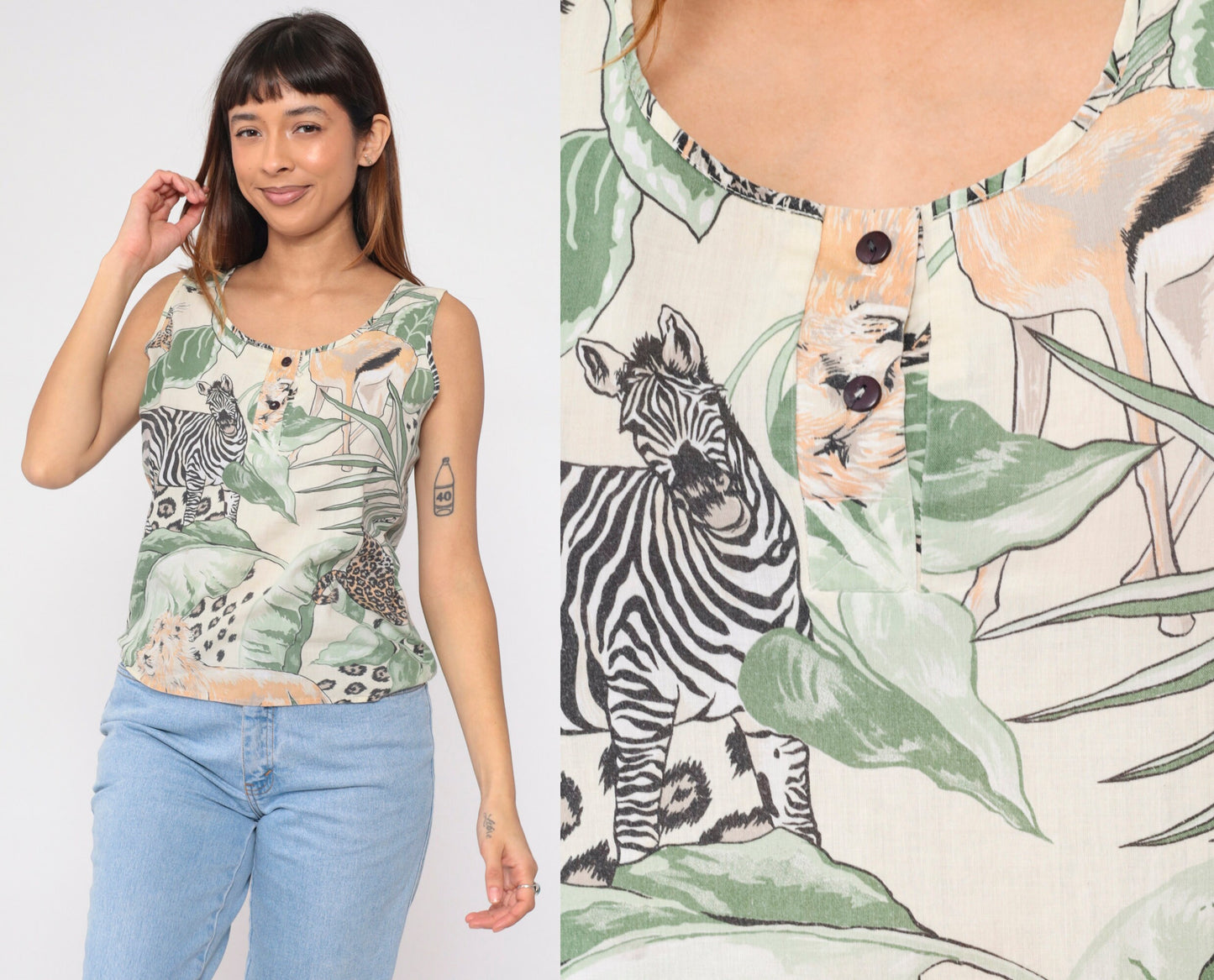 90s Safari Animal Print Henley Tank Top Lion Leopard Zebra Medium