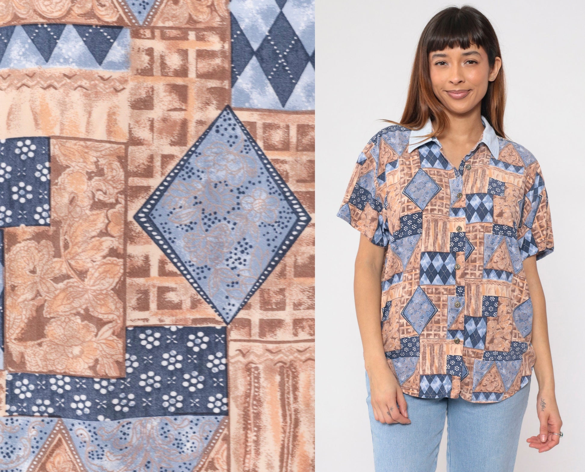 90s Geometric Floral Button-Up Blouse Short Sleeve Patchwork Print Blue Tan Large L