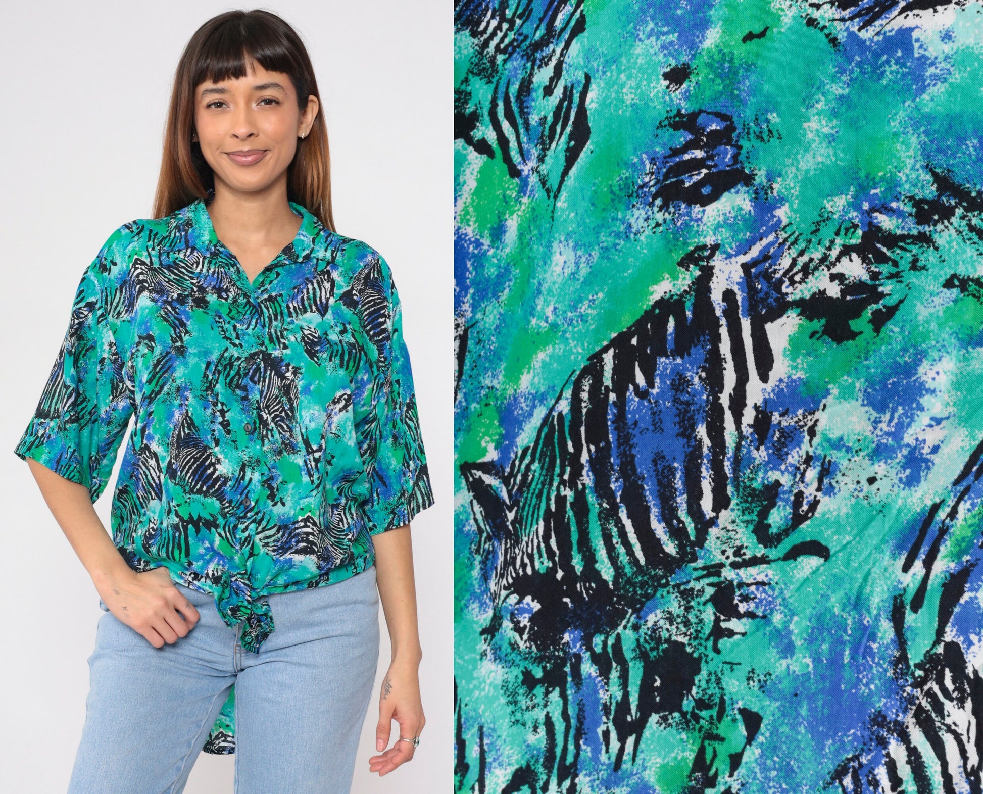 90s Abstract Zebra Print Tie-Front Blouse Blue Green Short Sleeve Medium M