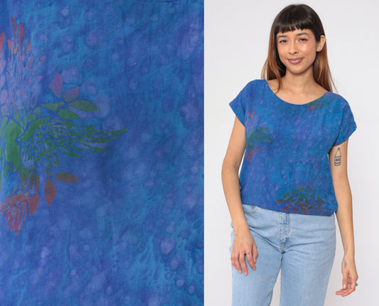Y2K Tie Dye Floral Blouse Blue Pink Green Cap Sleeve Small