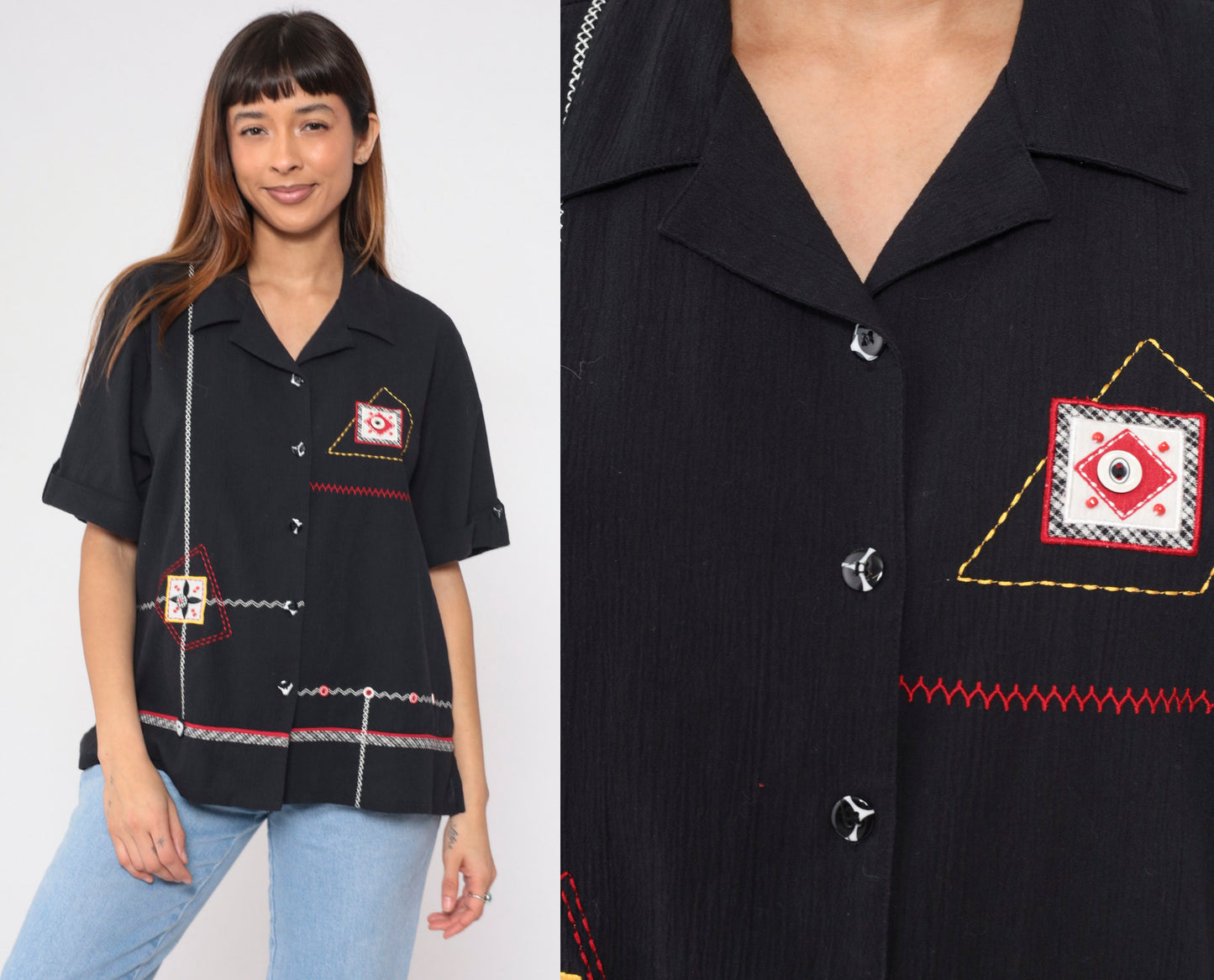90s Koret Black Button-Up Blouse Abstract Embroidery Beaded Patch Large L