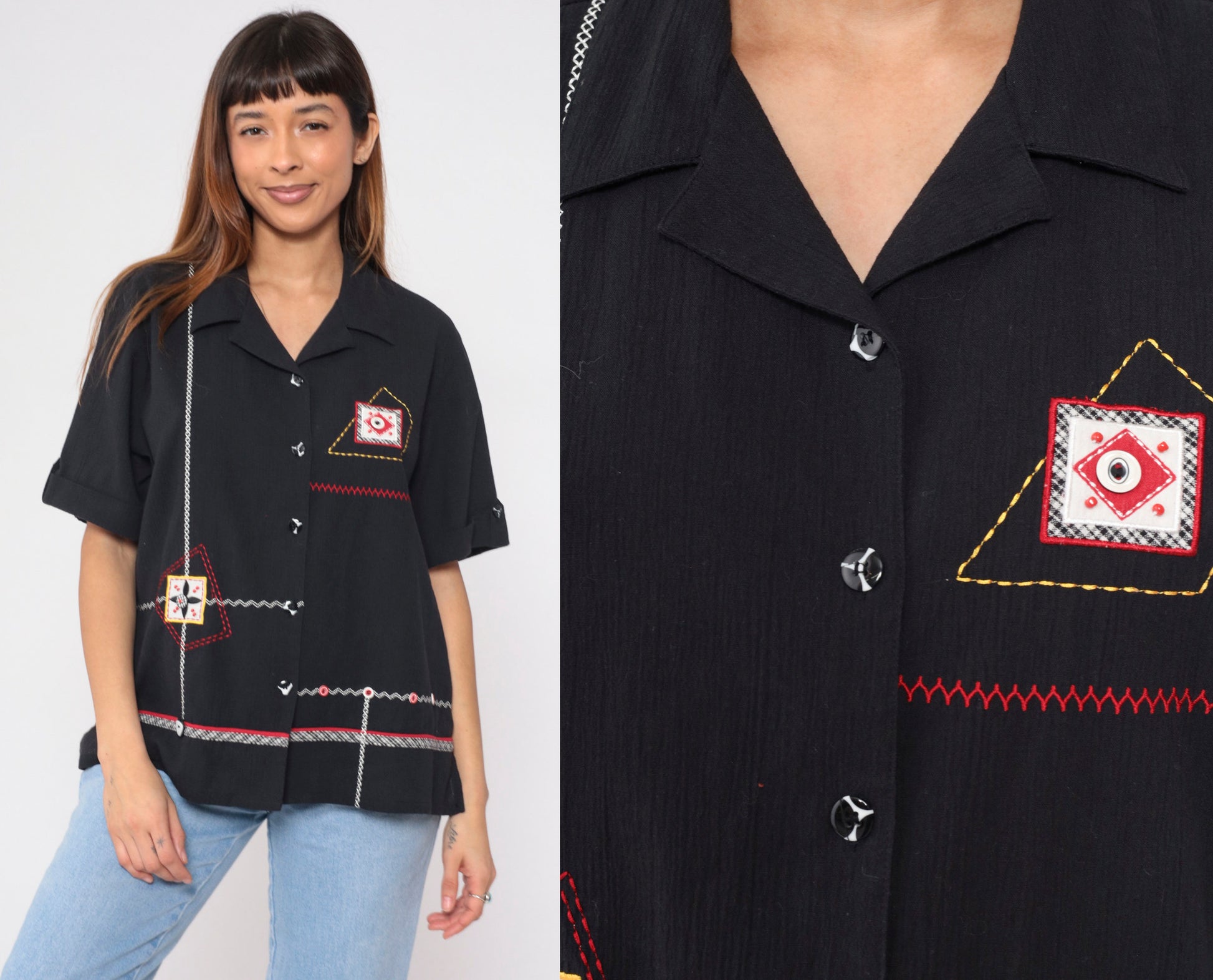 90s Koret Black Button-Up Blouse Abstract Embroidery Beaded Patch Large L