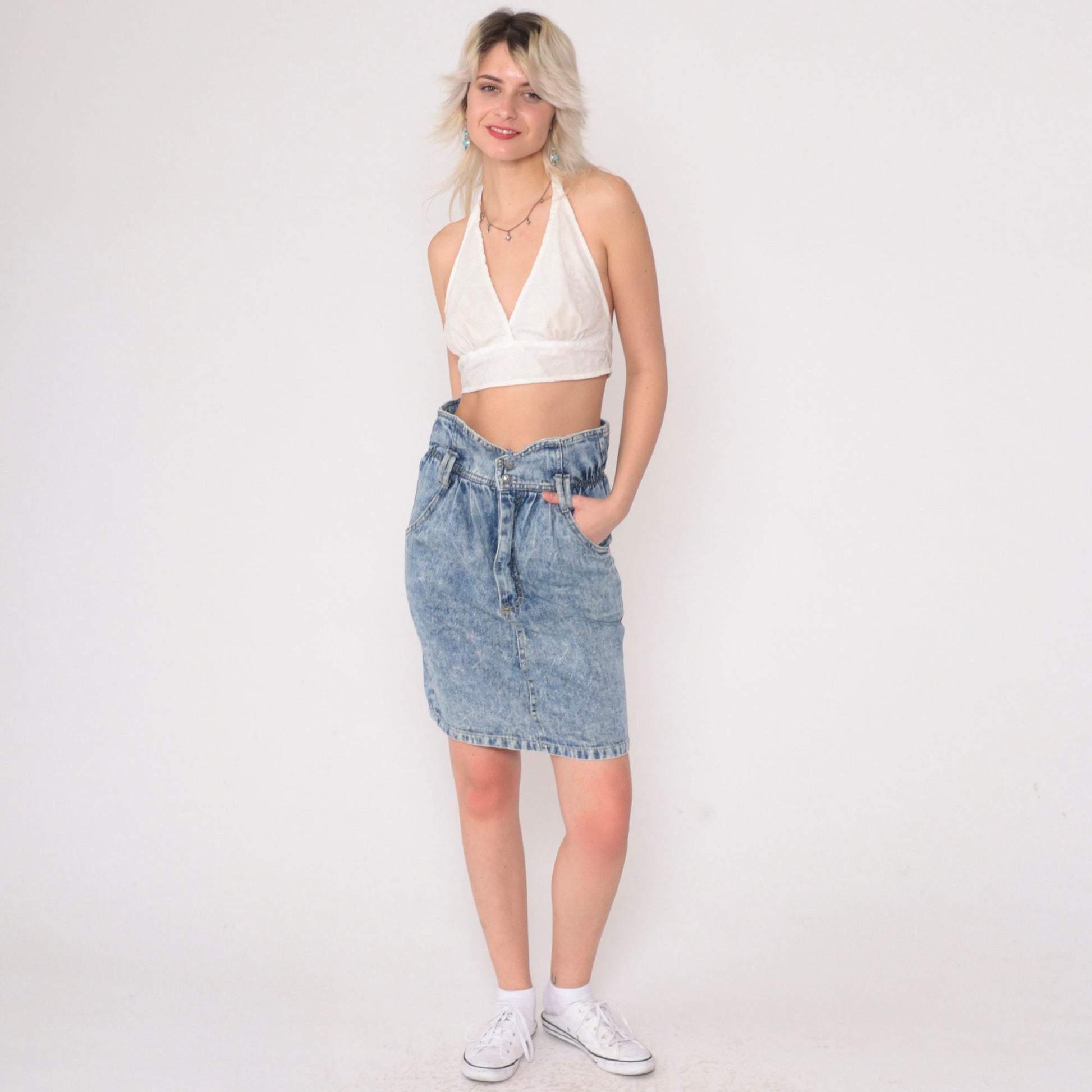 90s Acid Wash Denim Mini Skirt High Shirred Waist Blue Pencil Extra Small