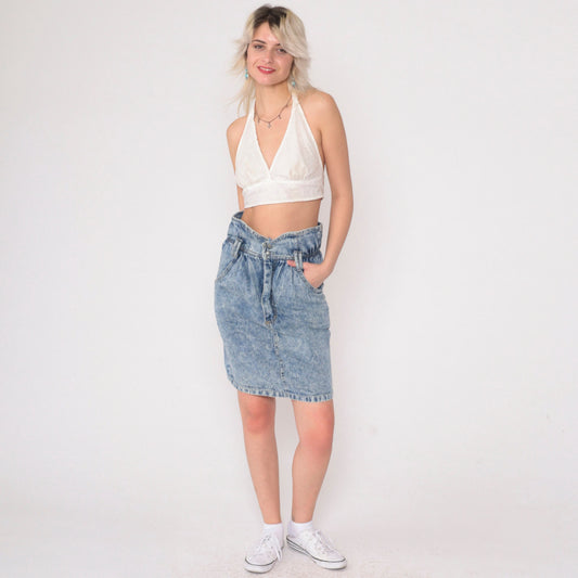 90s Acid Wash Denim Mini Skirt High Shirred Waist Blue Pencil Extra Small