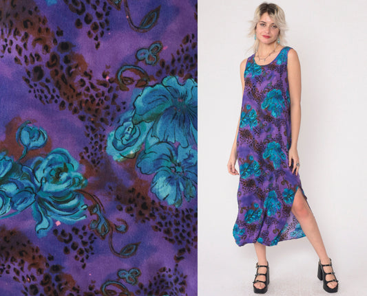 90s Caribou Floral Leopard Print Midi Dress Purple Blue Sleeveless Small