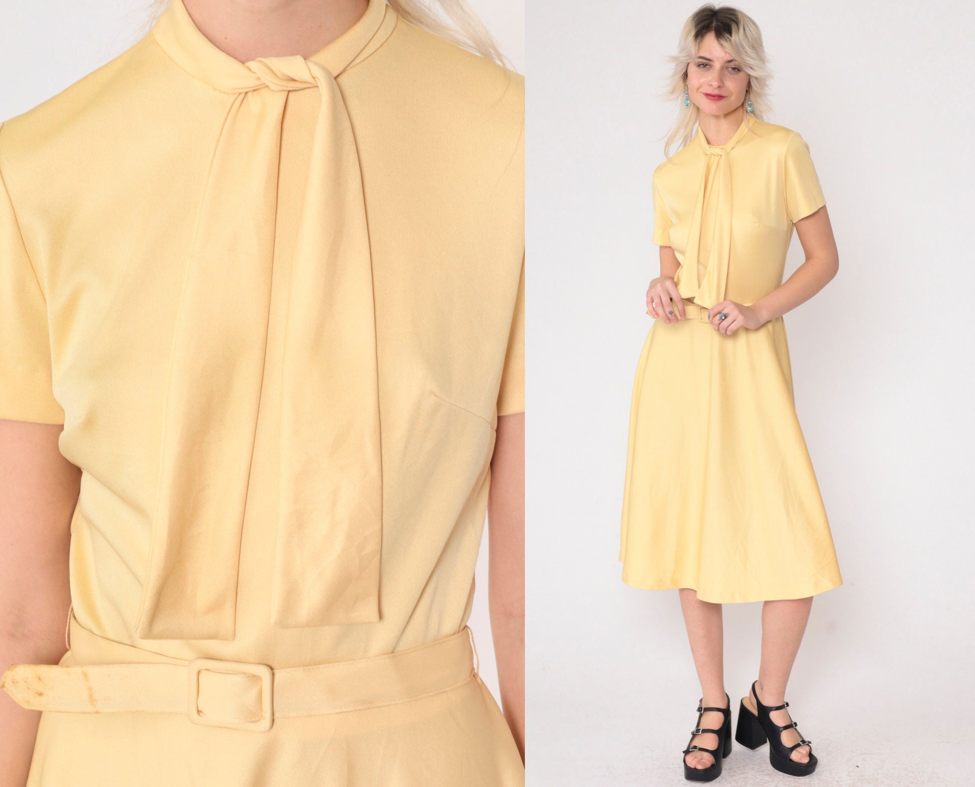 70s Mod Ascot Dress Light Yellow Necktie Belted High Waist Midi Small