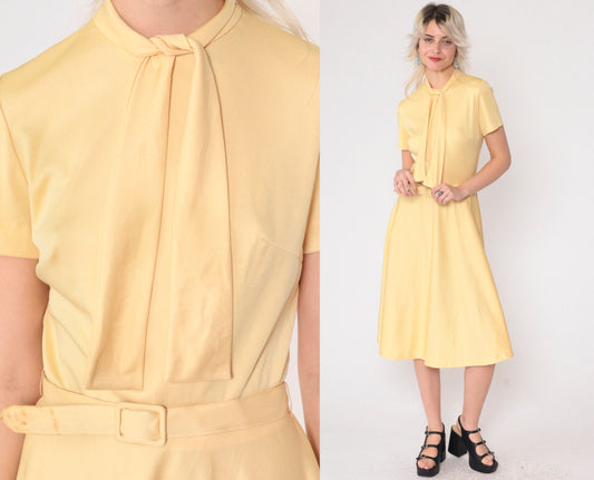 70s Mod Ascot Dress Light Yellow Necktie Belted High Waist Midi Small