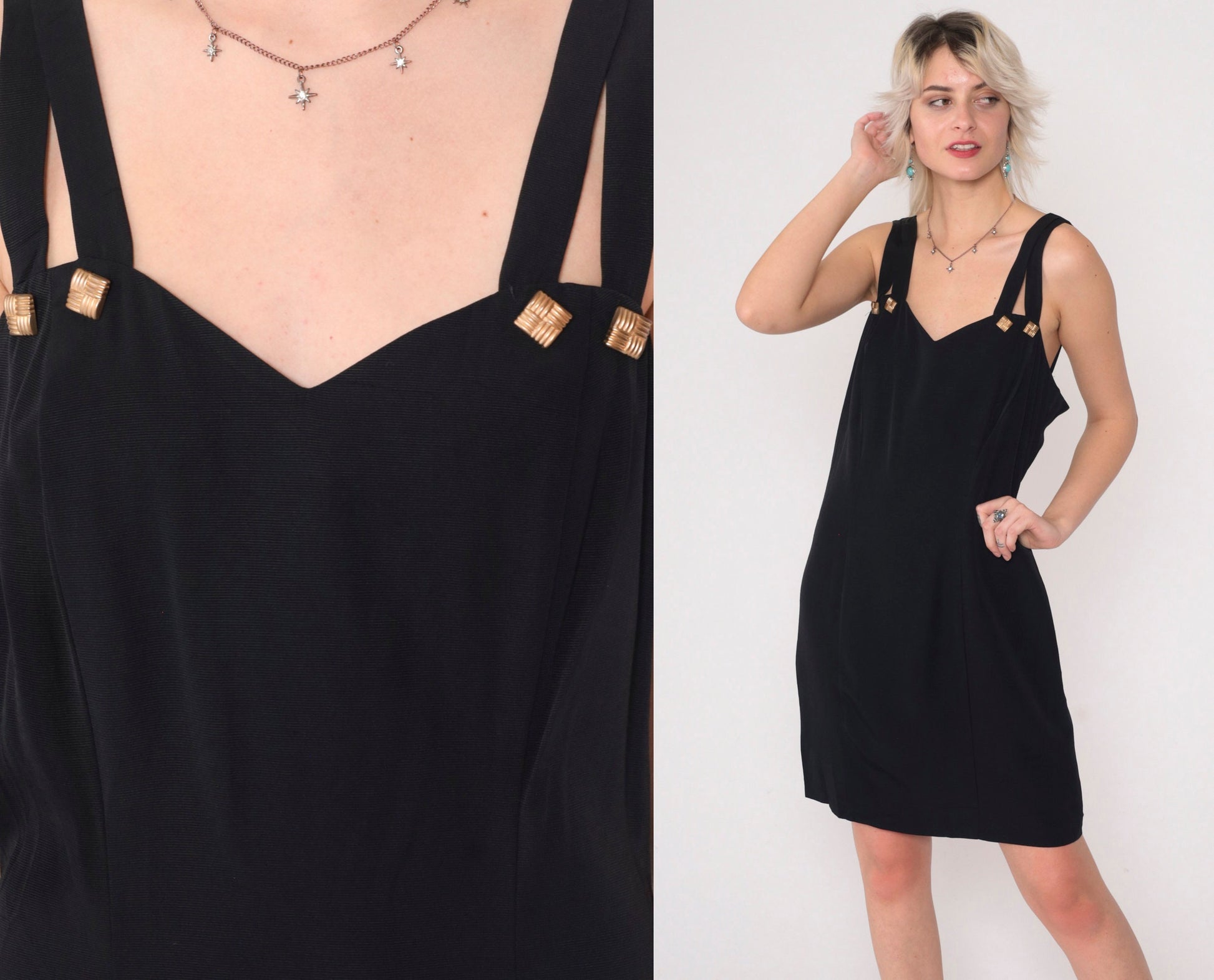 90s Black Mini Dress Sweetheart Neckline Keyhole Strappy Sheath Small
