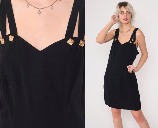 90s Black Mini Dress Sweetheart Neckline Keyhole Strappy Sheath Small