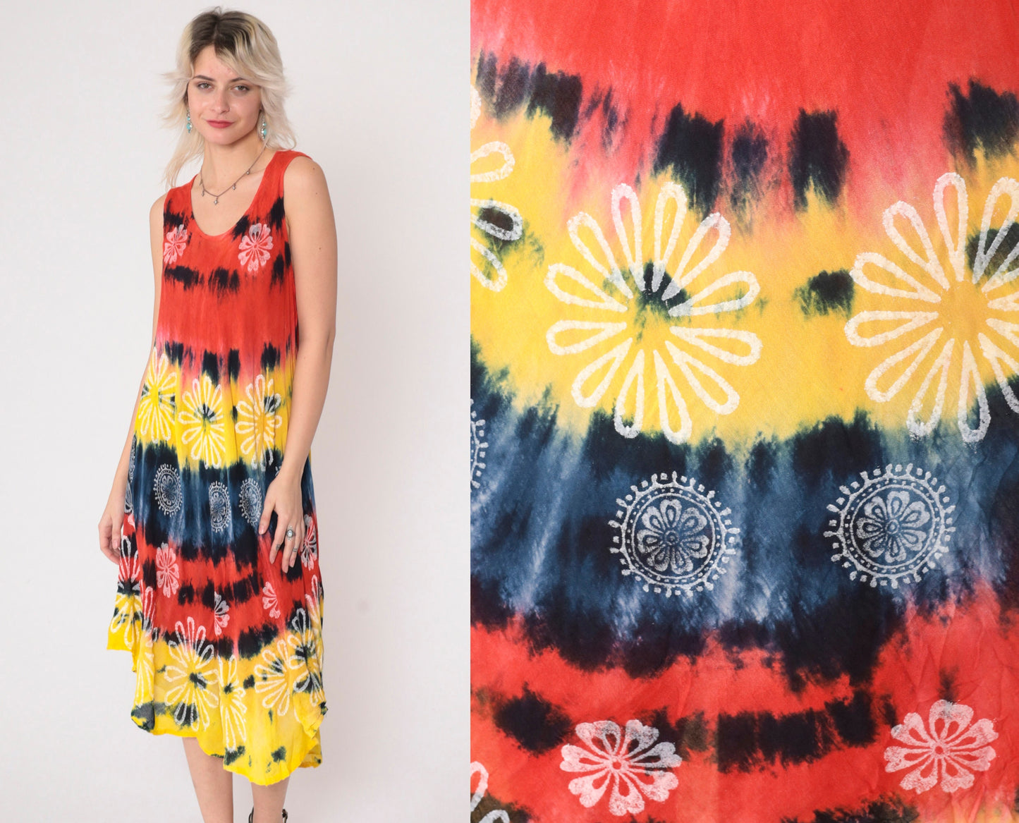 00s Tie Dye Floral Midi Dress Sleeveless Scoop Neck Waterfall Hem Small Medium