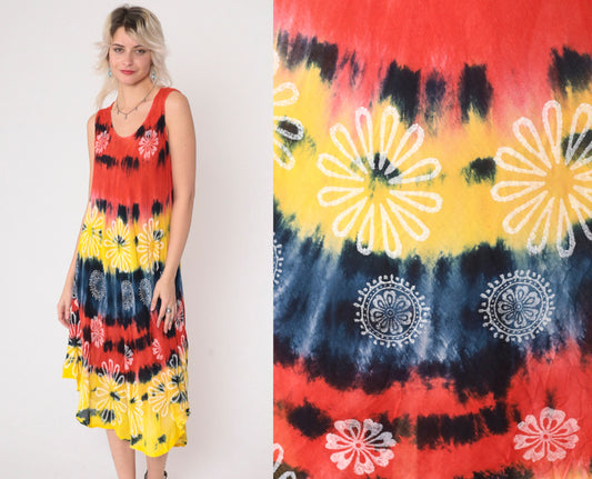 00s Tie Dye Floral Midi Dress Sleeveless Scoop Neck Waterfall Hem Small Medium