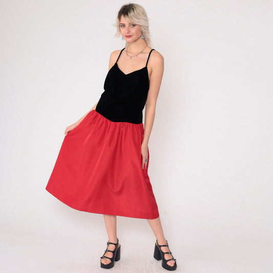 80s Velvet Colorblock Midi Dress Red Black Spaghetti Strap V Neck Medium