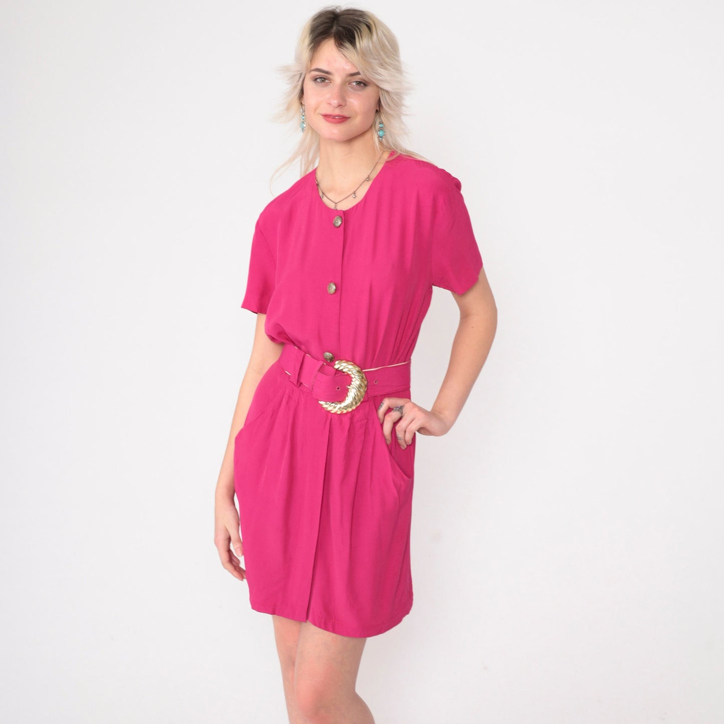 90s Hot Pink Mini Dress Button-Up Sheath Belted Short Sleeve Small