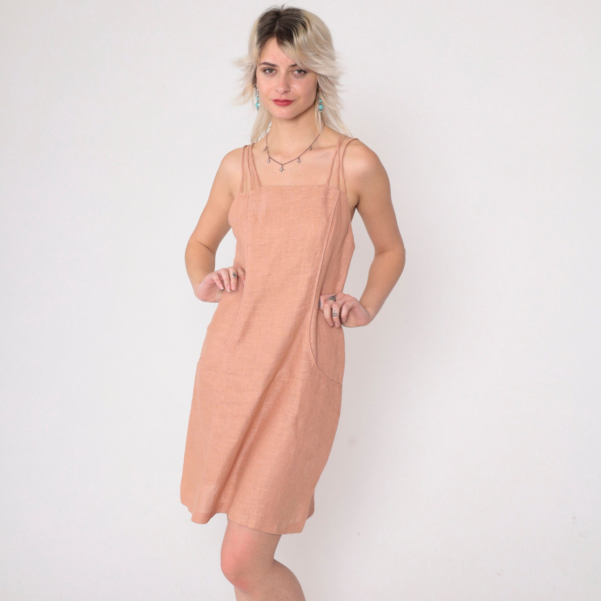 90s Muted Peach Linen Mini Dress Triple Spaghetti Strap Sheath Small