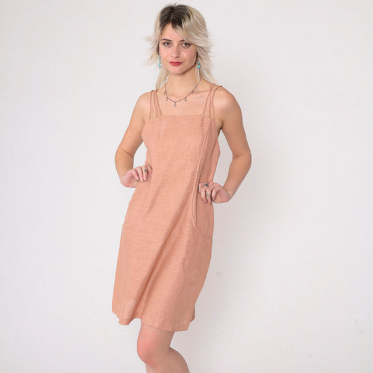 90s Muted Peach Linen Mini Dress Triple Spaghetti Strap Sheath Small