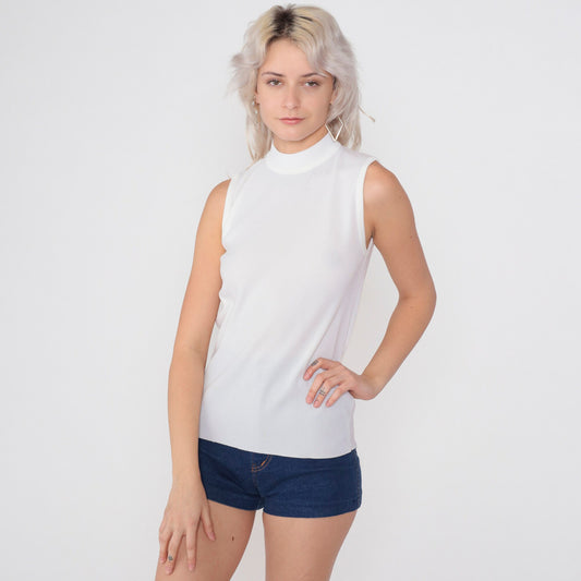 70s White Ribbed Mock Neck Sleeveless Tank Top Extra Small