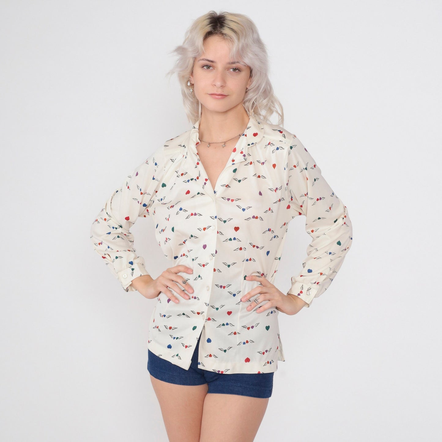 70s Winged Heart Print Button-Up Blouse Off-White Long Sleeve Collared Large
