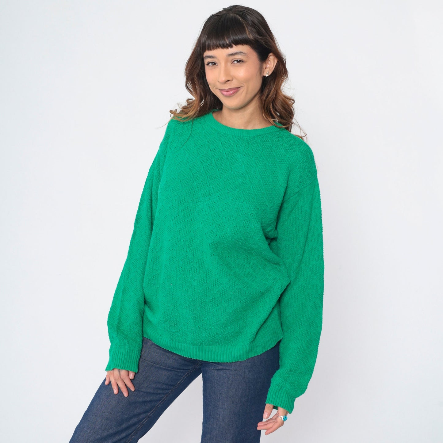 80s Talbots Diamond Knit Sweater Green Crewneck Pullover Large L