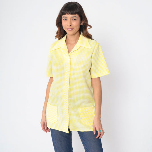70s Yellow Checkered Button-Up Blouse Dagger Collar Short Sleeve Large L