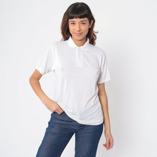 80s White Cotton Polo Shirt Button-Up Short Sleeve Collared Small S
