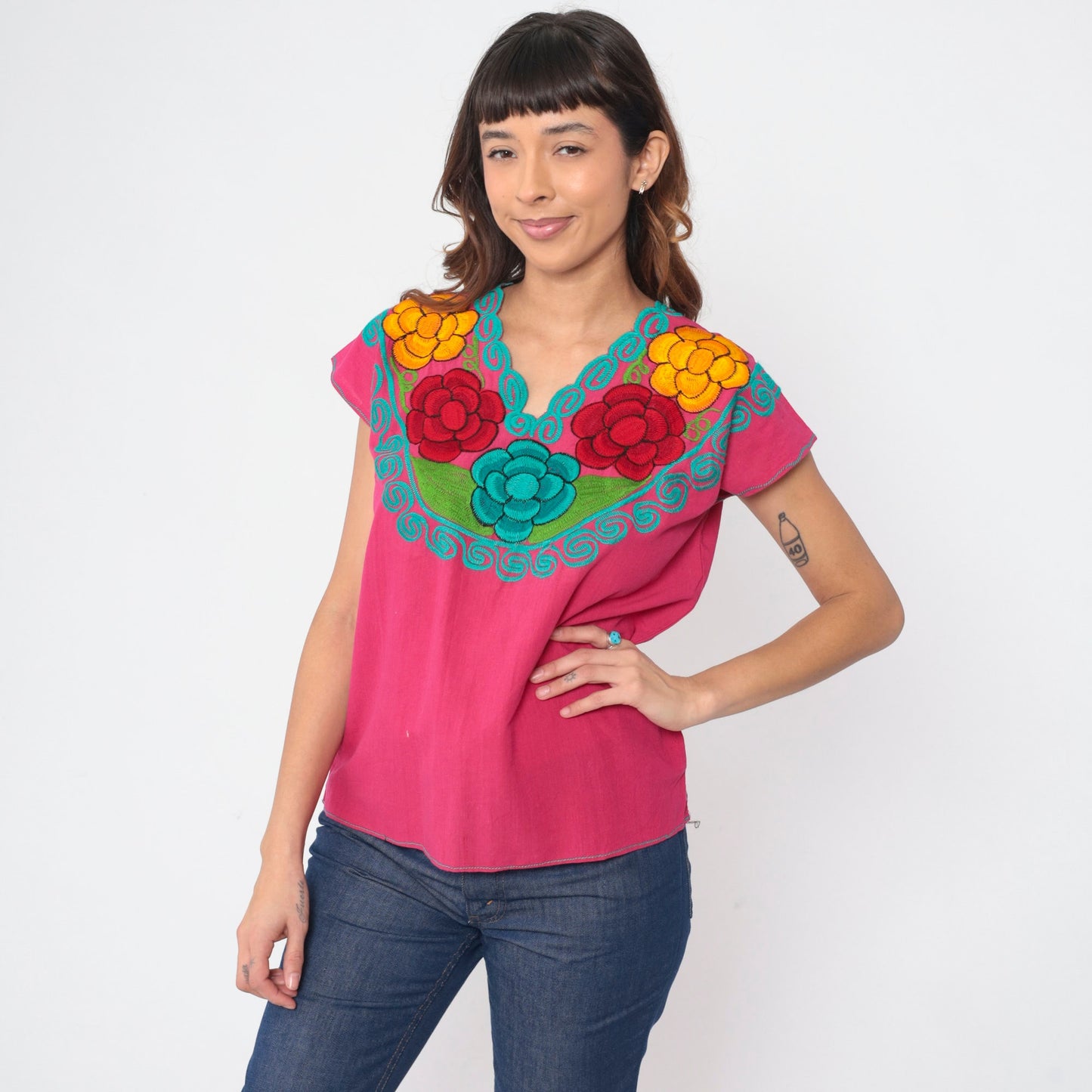 90s Mexican Embroidered Blouse Hot Pink Floral Cotton Peasant Small