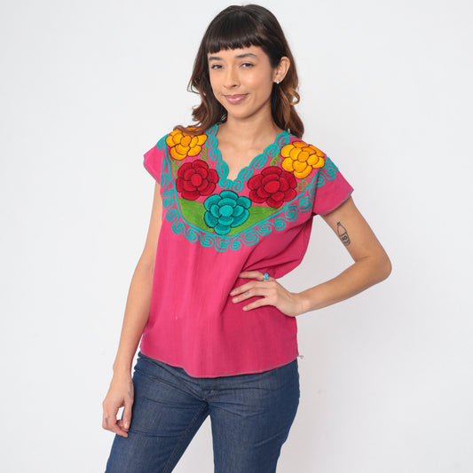90s Mexican Embroidered Blouse Hot Pink Floral Cotton Peasant Small