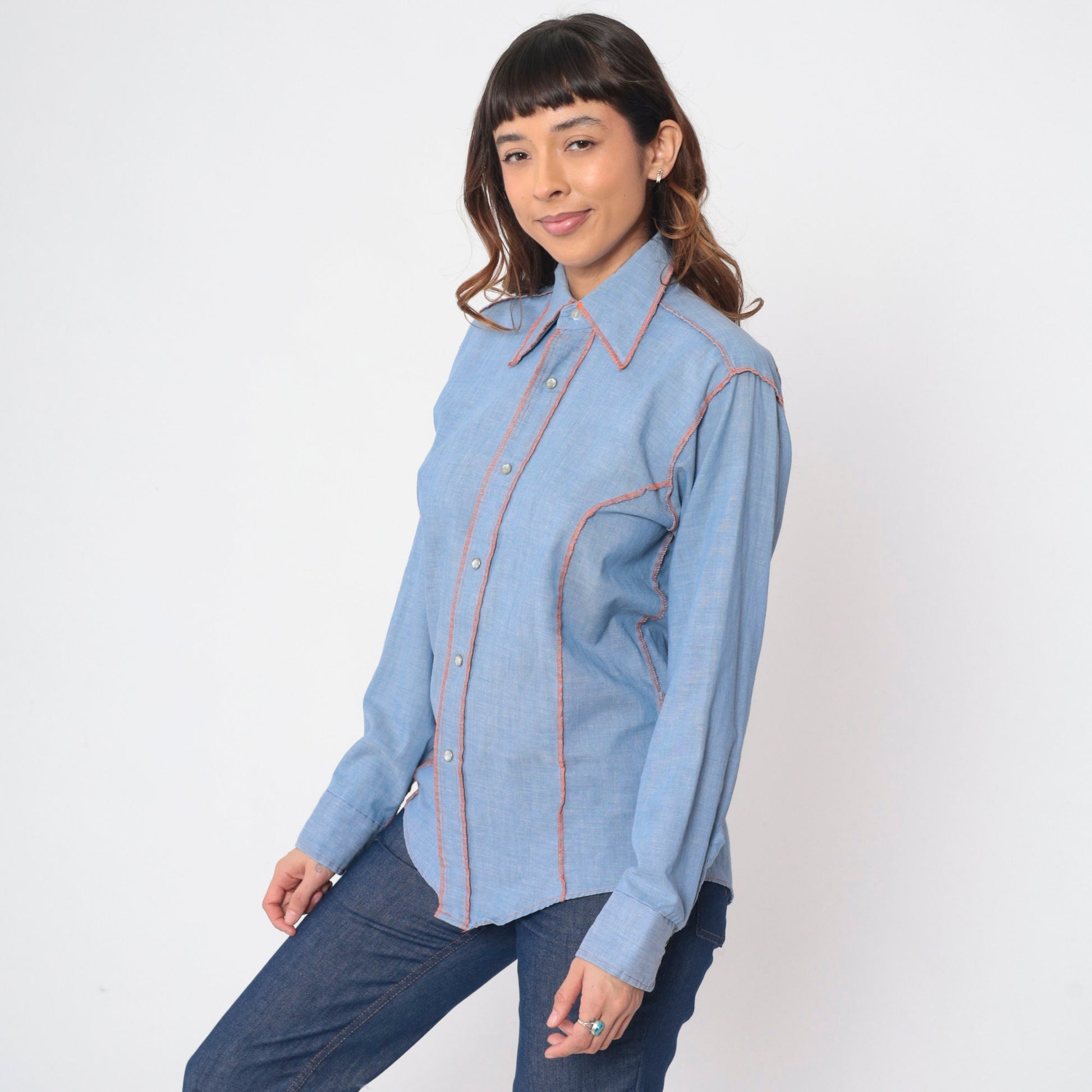 70s Andy New York Chambray Shirt Pearl Snap Western Dagger Collar Medium