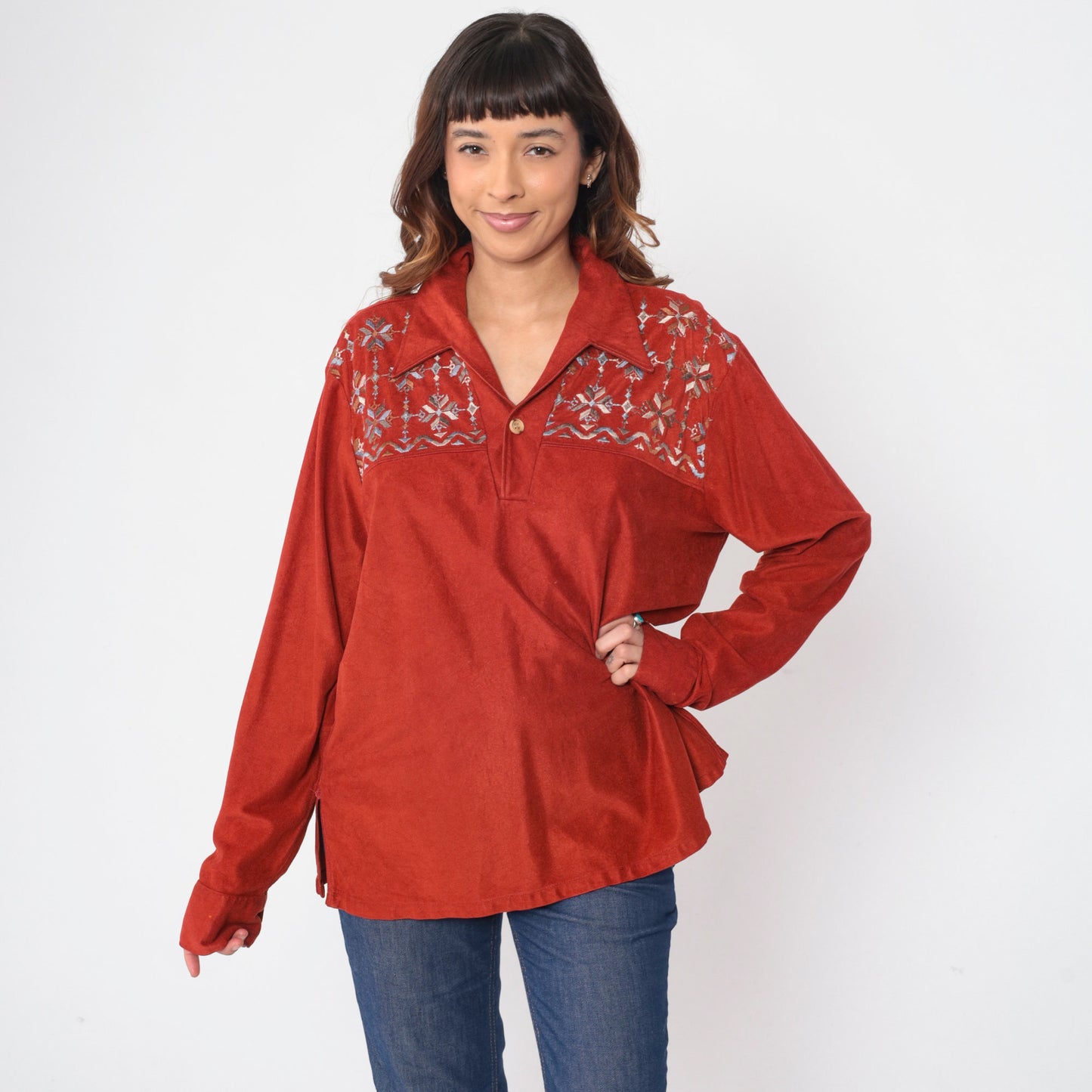 70s Spire Rust Shirt Geometric Embroidered Dagger Collar Button Up Extra Large