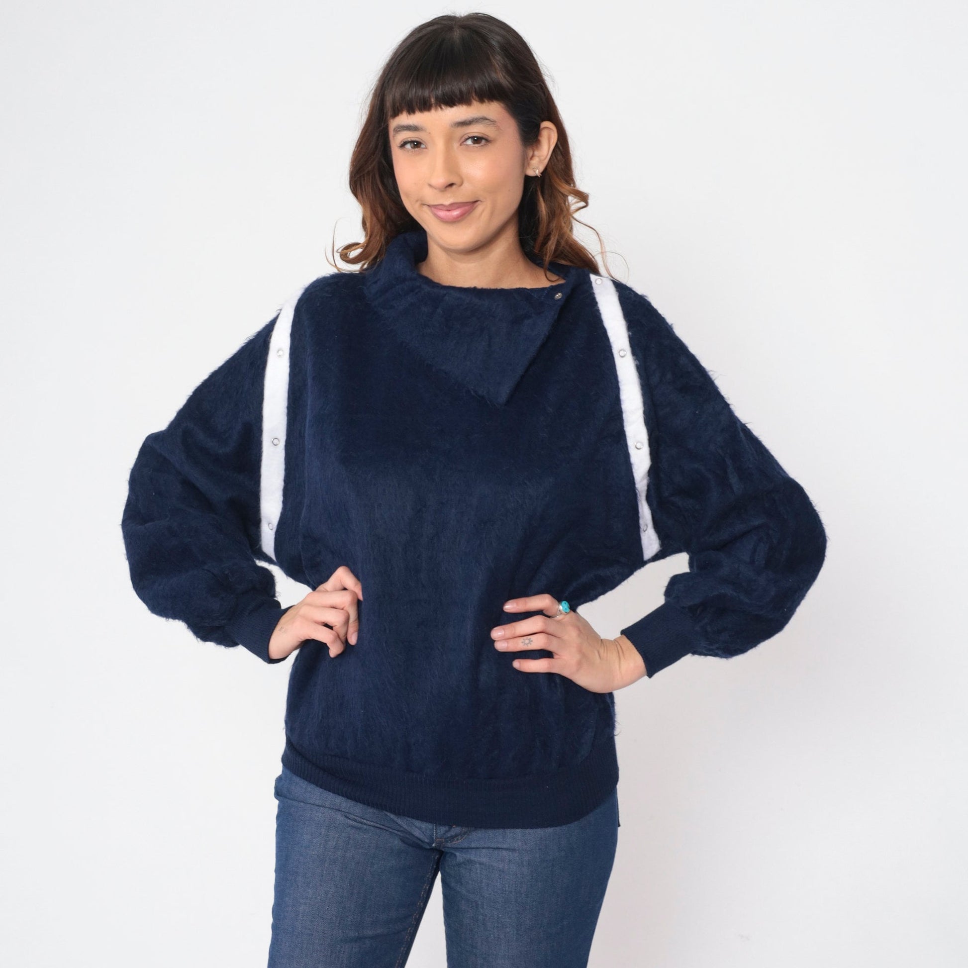 80s Navy Shaggy Fleece Sweatshirt Asymmetrical Shawl Collar Snap Pullover Small