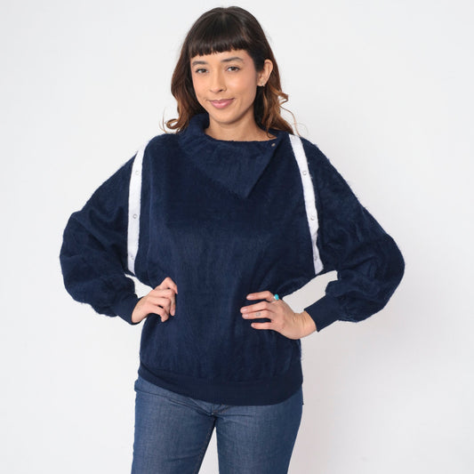 80s Navy Shaggy Fleece Sweatshirt Asymmetrical Shawl Collar Snap Pullover Small