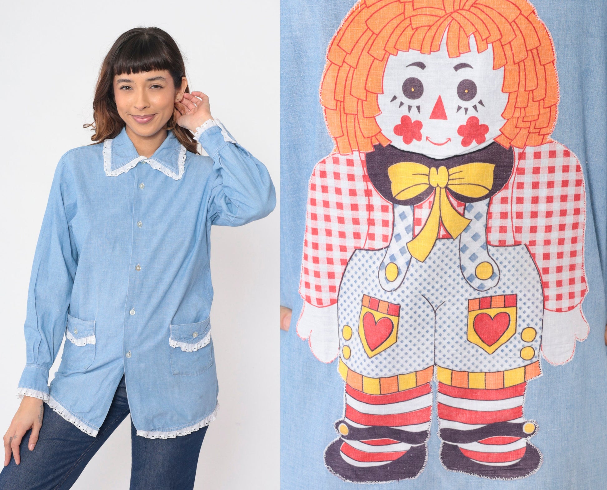 70s Lee Raggedy Ann Chambray Button-Up Blouse Blue Eyelet Lace Medium