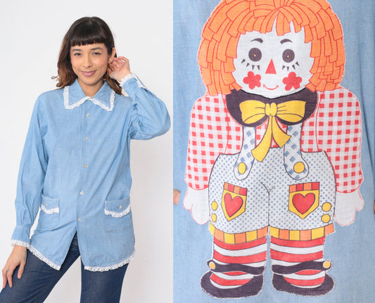70s Lee Raggedy Ann Chambray Button-Up Blouse Blue Eyelet Lace Medium