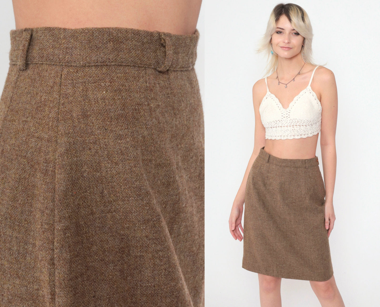 70s Brown Wool Blend Pencil Skirt High Waist Mini Small S