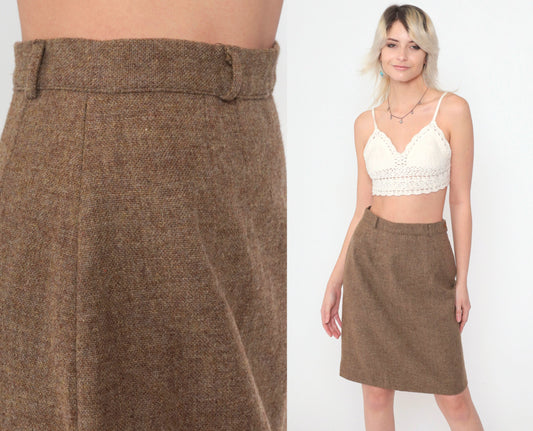 70s Brown Wool Blend Pencil Skirt High Waist Mini Small S