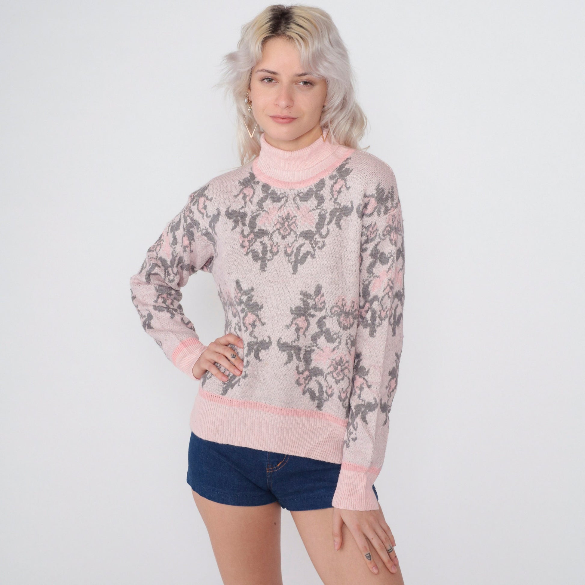 90s Pink Floral Abstract Knit Sweater Mock Neck Wool Blend Small S